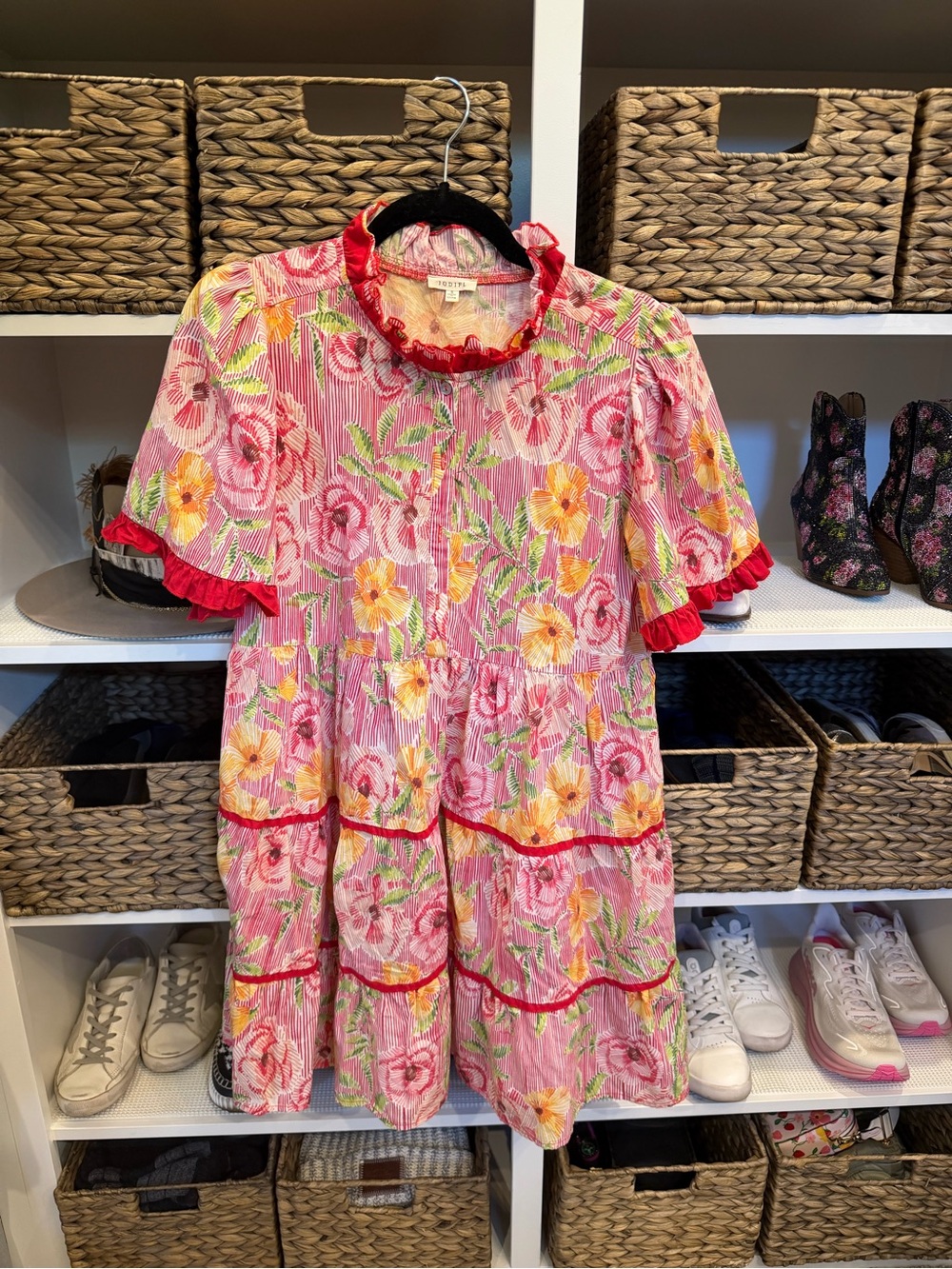 JODIFL Pink Floral Ruffle Top with Red Trim